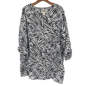 Cynthia Rowley Womens Zebra Print Button-Up Top tunic size 2X plus 100% Linen